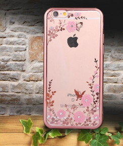 Луксозен силиконов гръб ТПУ ултратънък с 3D камъни и златисто розов кант за Apple iPhone 6 4.7 / Apple iPhone 6s 4.7 розови цветя 